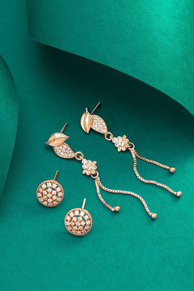 Rose Gold American Diamond Earrings Combo Of Studs And Drop Earrings