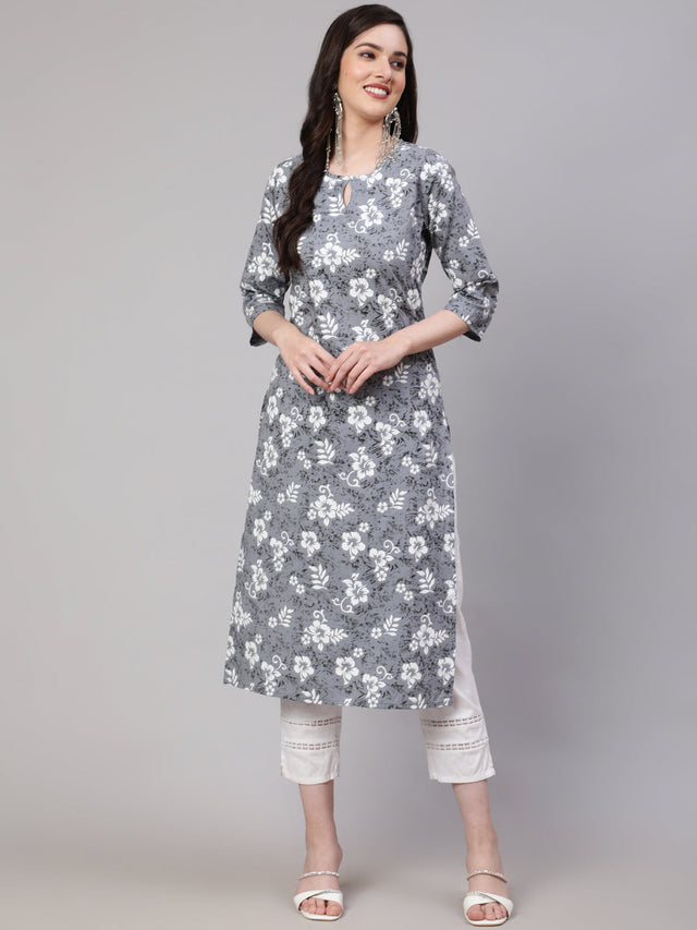 Grey Pure Cotton Printed Kurti