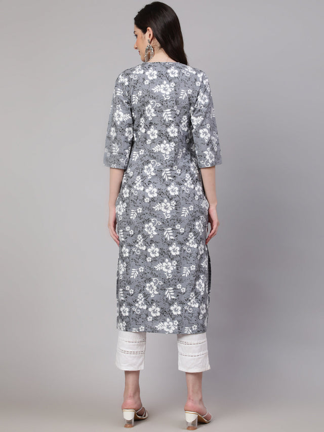 Grey Pure Cotton Printed Kurti