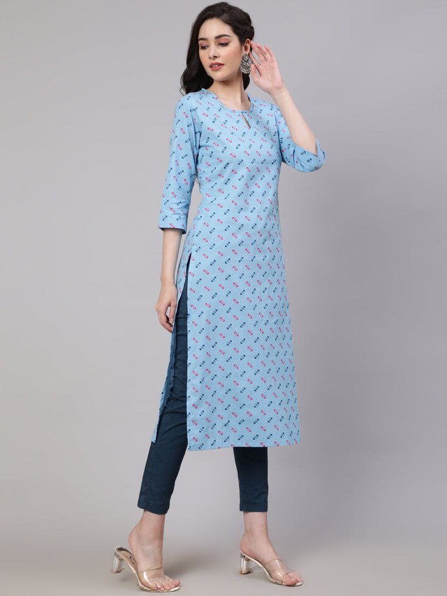 Blue Pure Cotton Printed Kurti