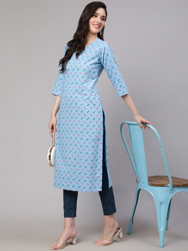 Blue Pure Cotton Printed Kurti
