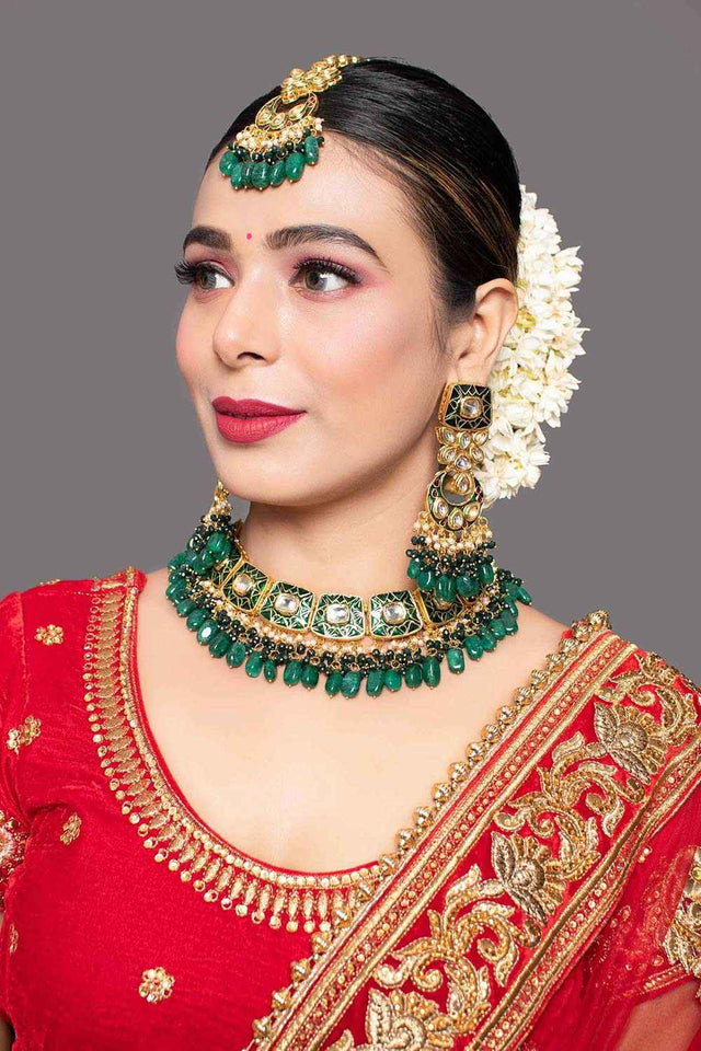 Green Gold Tone Kundan Enameled Necklace Sets With Maang Tikka (FEMBD002)