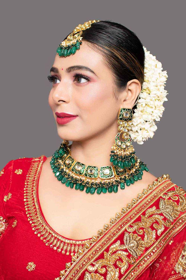 Green Gold Tone Kundan Enameled Necklace Sets With Maang Tikka (FEMBD002)