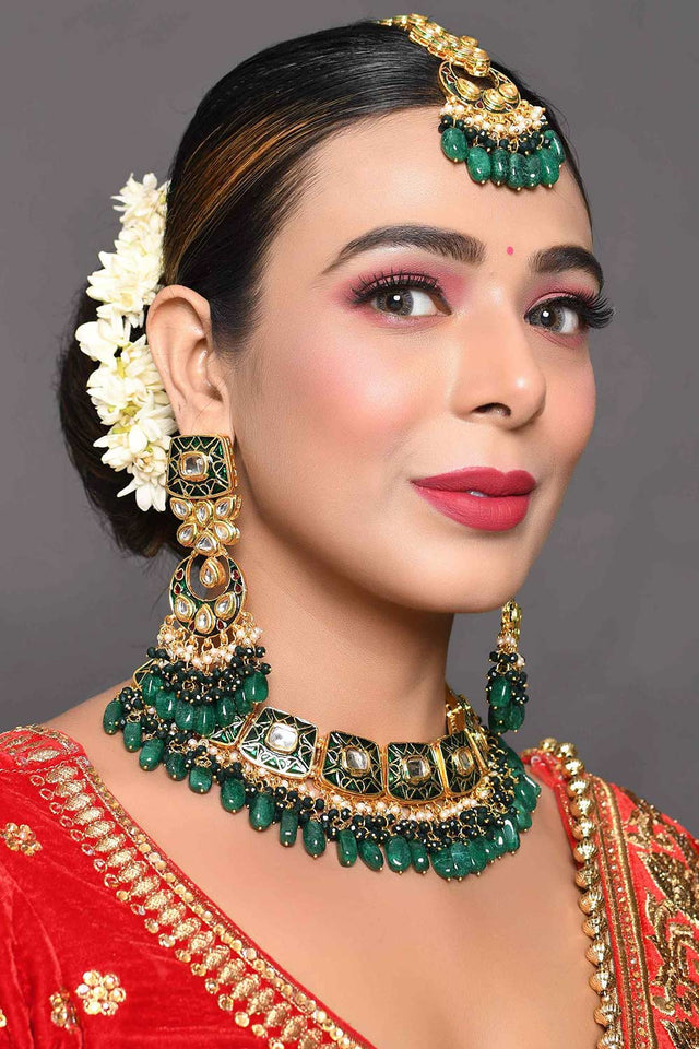 Green Gold Tone Kundan Enameled Necklace Sets With Maang Tikka (FEMBD002)