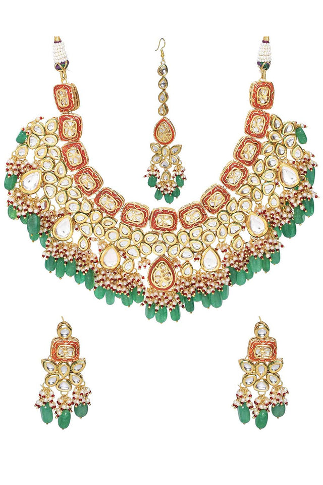 Green Red Gold Toned Handcrafted Kundan Necklace Sets With Maang Tikka (FEMBD003)