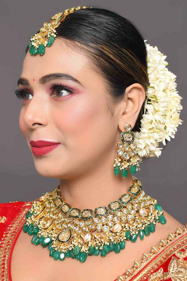 Green Gold Tone Kundan Enameled Necklace Sets With Maang Tikka (FEMBD004)