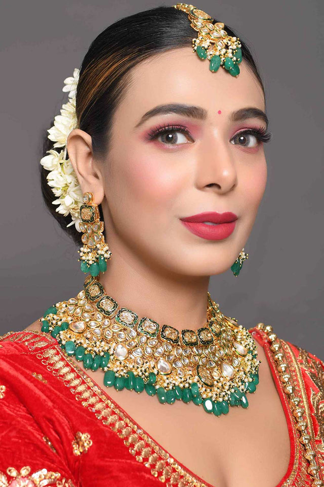 Green Gold Tone Kundan Enameled Necklace Sets With Maang Tikka (FEMBD004)
