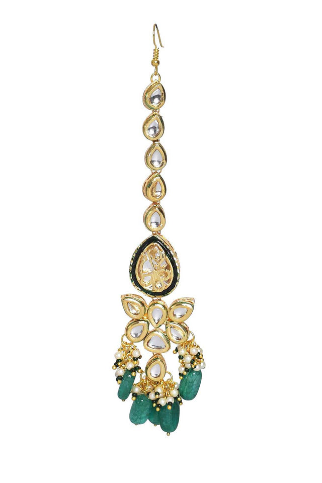 Green Gold Tone Kundan Enameled Necklace Sets With Maang Tikka (FEMBD004)
