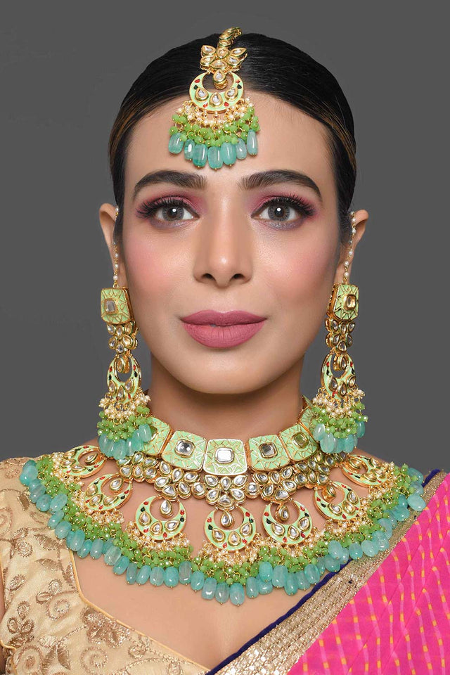 Green Enameled Kundan Maharani Necklace Sets With Maang Tikka (FEMBD005)