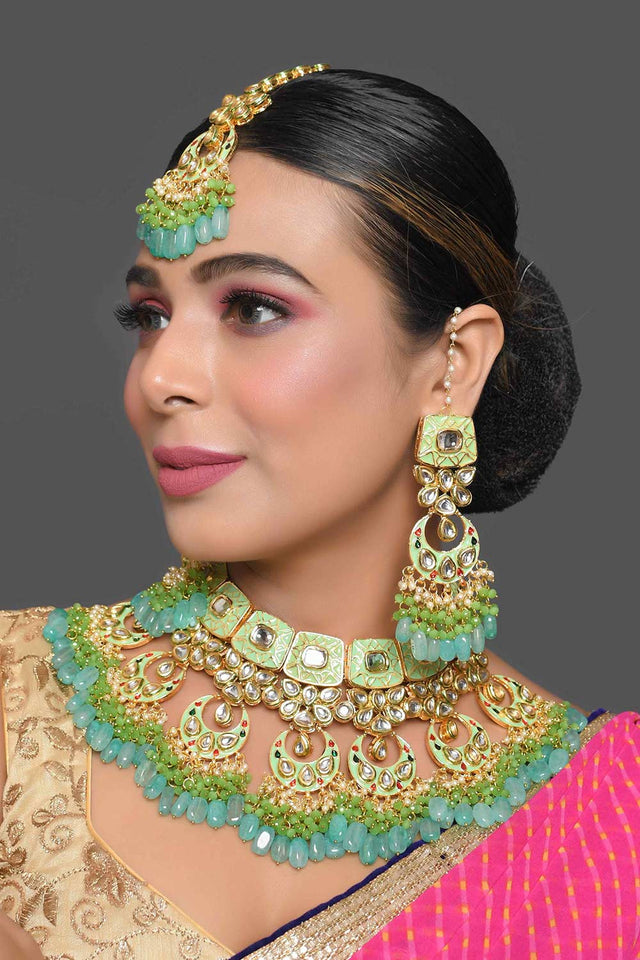 Green Enameled Kundan Maharani Necklace Sets With Maang Tikka (FEMBD005)