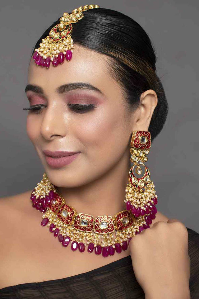 Kundan Inspired Mahroon Enameled Necklace Sets With Maang Tikka (FEMBD006)