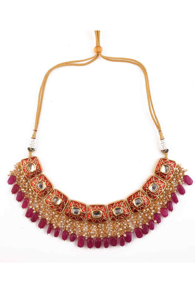 Kundan Inspired Mahroon Enameled Necklace Sets With Maang Tikka (FEMBD006)