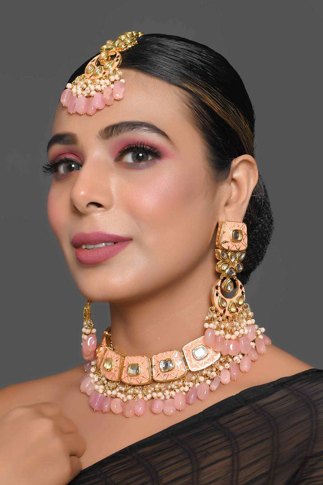 Handcrafted Kundan Peach Enameled Necklace Sets With Maang Tikka (FEMBD007)