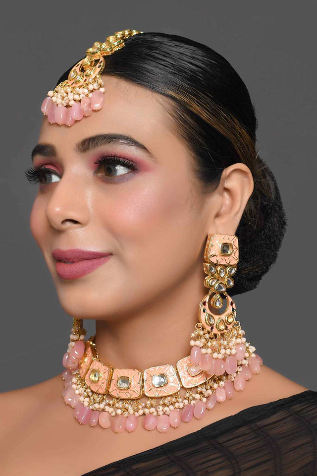 Handcrafted Kundan Peach Enameled Necklace Sets With Maang Tikka (FEMBD007)