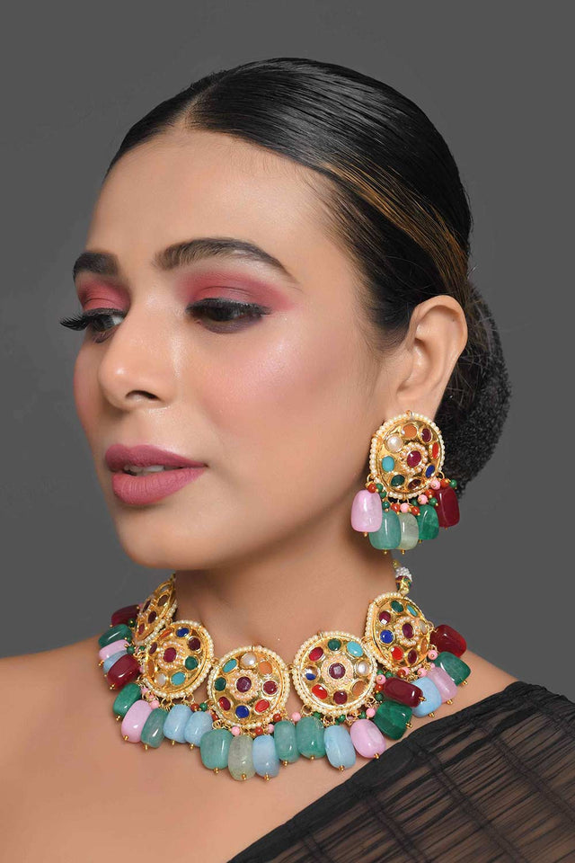 Navratan Kundan Inspired Necklace With Earrings (FEMBD008)