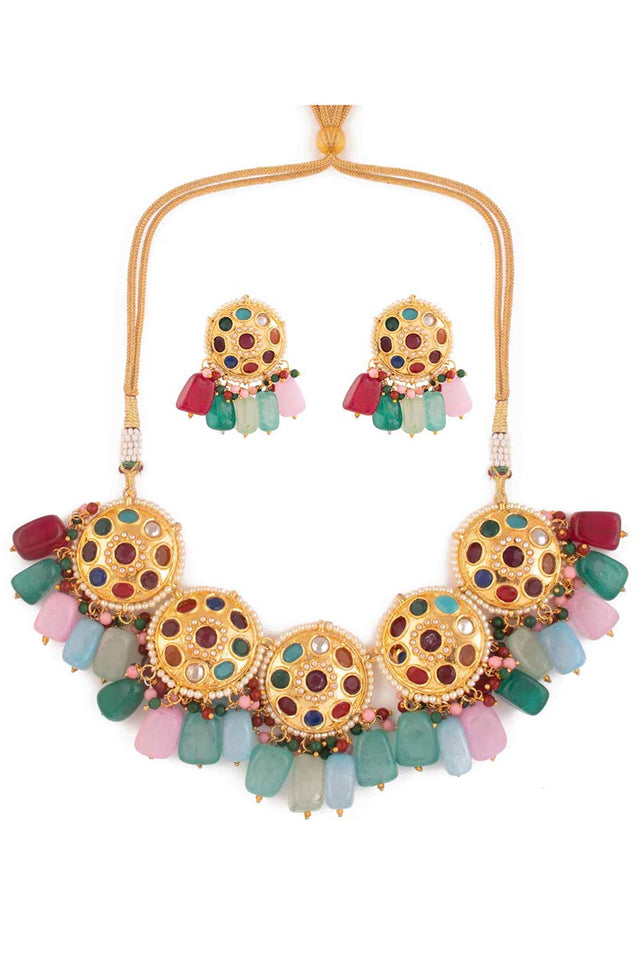 Navratan Kundan Inspired Necklace With Earrings (FEMBD008)