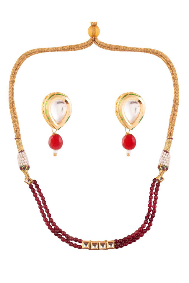 Mahroon Beaded Gold Toned Kundan Inspired Choker With Earrings (FEMBD010)