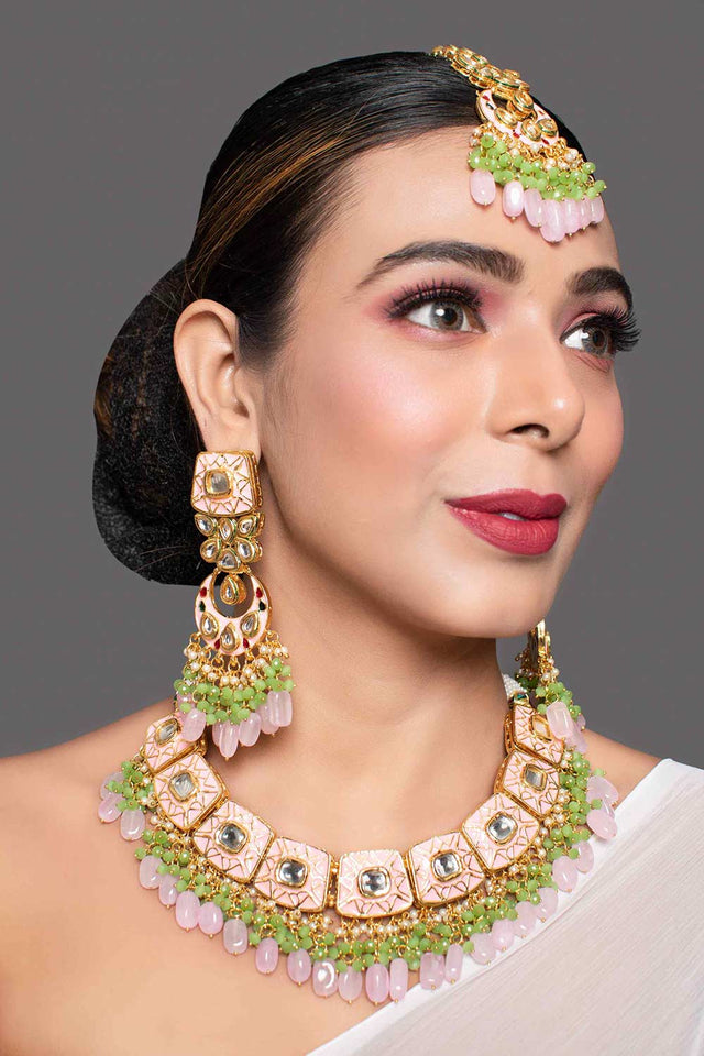 Pink Enameled Kundan Necklace Sets With Maang Tikka (FEMBD012)