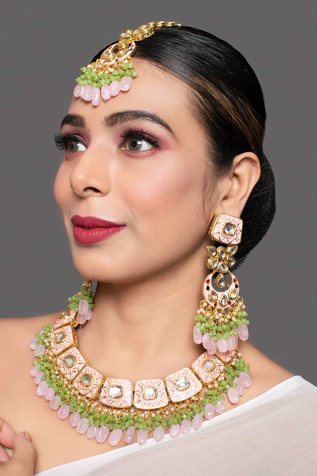 Pink Enameled Kundan Necklace Sets With Maang Tikka (FEMBD012)