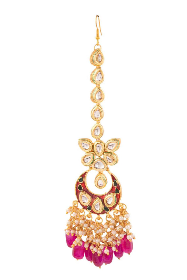 Kundan Inspired Mahroon Enameled Earrings With Maangtikka (FEMBD017)