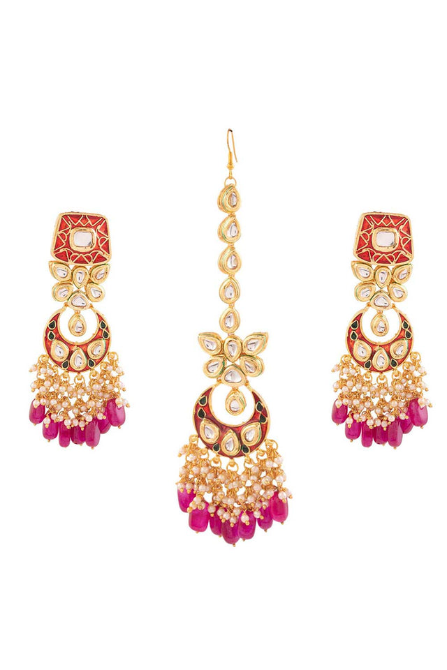 Kundan Inspired Mahroon Enameled Earrings With Maangtikka (FEMBD017)