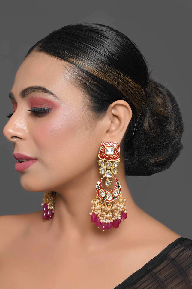 Kundan Inspired Mahroon Enameled Earrings (FEMBD020)
