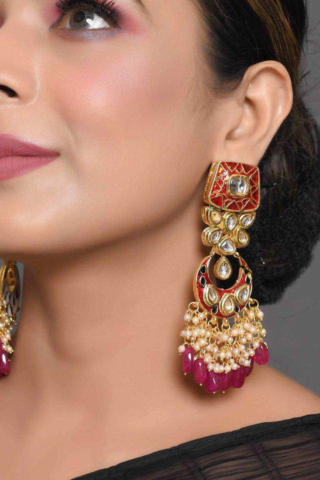Kundan Inspired Mahroon Enameled Earrings (FEMBD020)