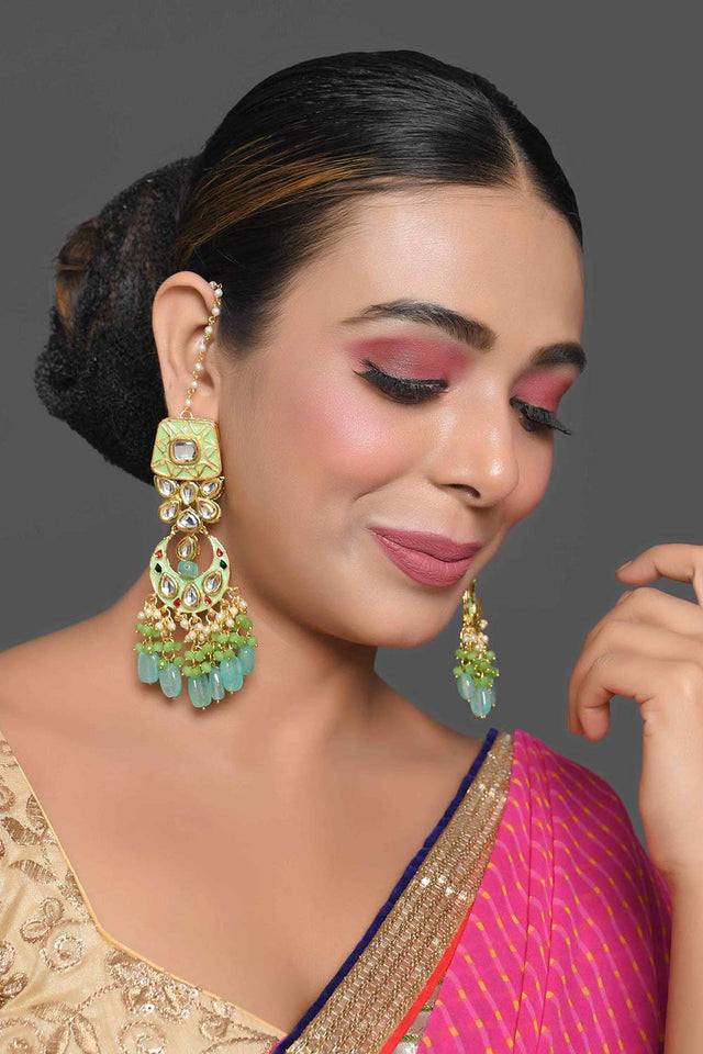 Gold Toned Green Kundan Studded & Enameled Handcrafted Earrings (FEMBD021)