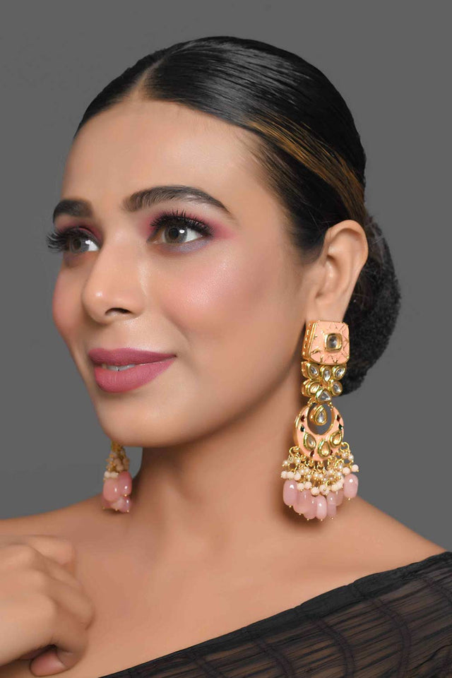 Peach Enameled Kundan Studded Earrings (FEMBD022)