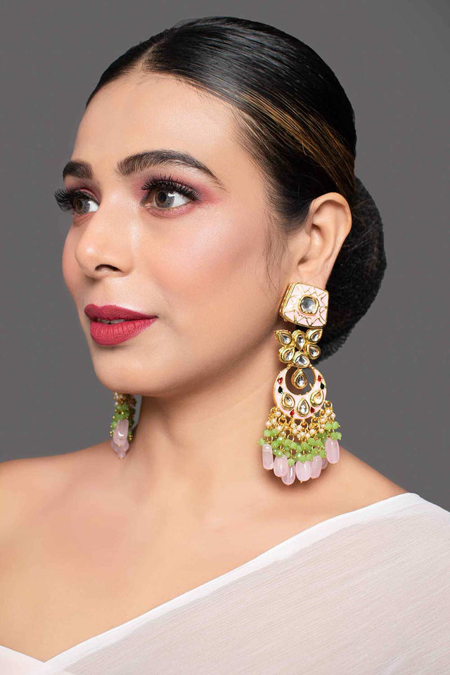 Gold Toned Pink Green Beaded Kundan Studded & Enameled Handcrafted Earrings