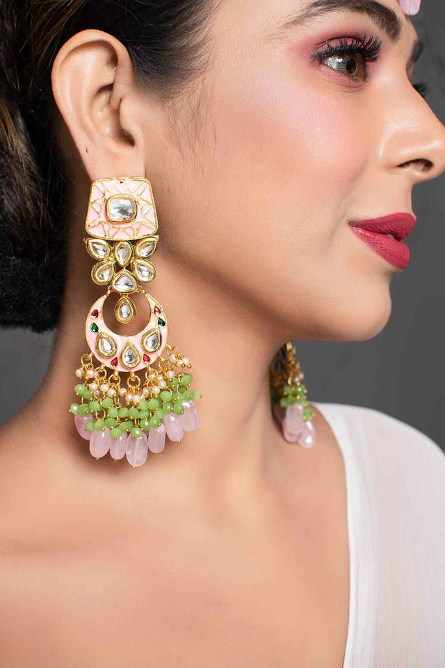 Gold Toned Pink Green Beaded Kundan Studded & Enameled Handcrafted Earrings