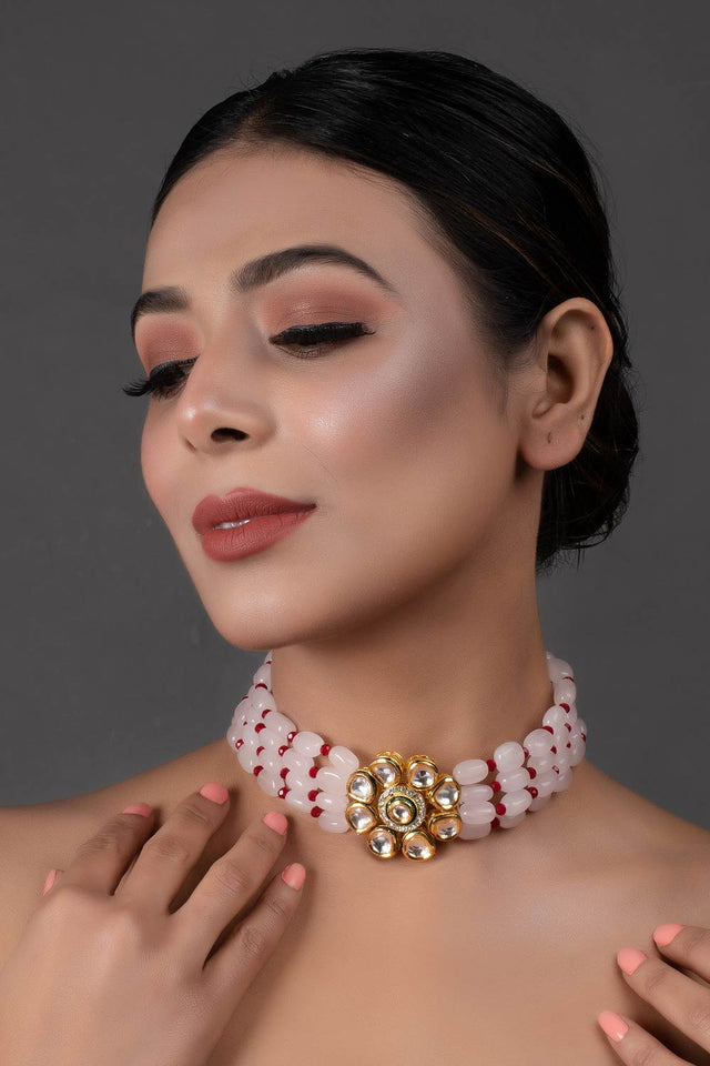 Pastel Pink Mahroon Beaded Gold Tone Kundan Inspired Choker (FEMCH006)