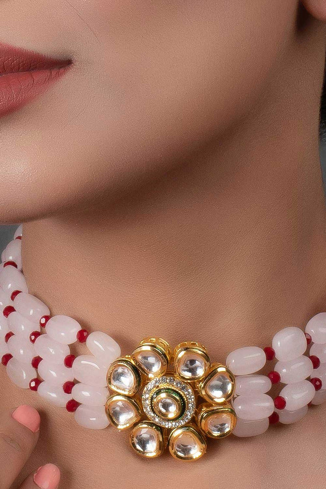 Pastel Pink Mahroon Beaded Gold Tone Kundan Inspired Choker (FEMCH006)