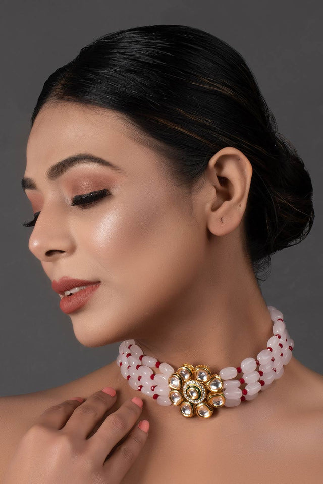 Pastel Pink Mahroon Beaded Gold Tone Kundan Inspired Choker (FEMCH006)