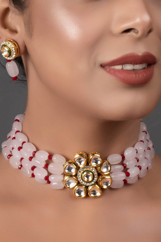 Pink Mahroon Beaded Gold Tone Necklace With Earrings