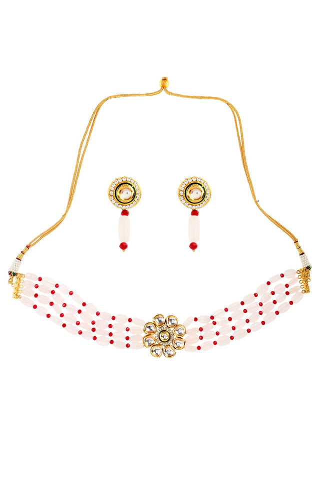 Pink Mahroon Beaded Gold Tone Necklace With Earrings