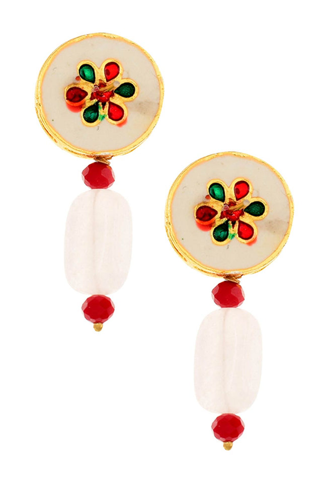 Pink Mahroon Beaded Gold Tone Necklace With Earrings