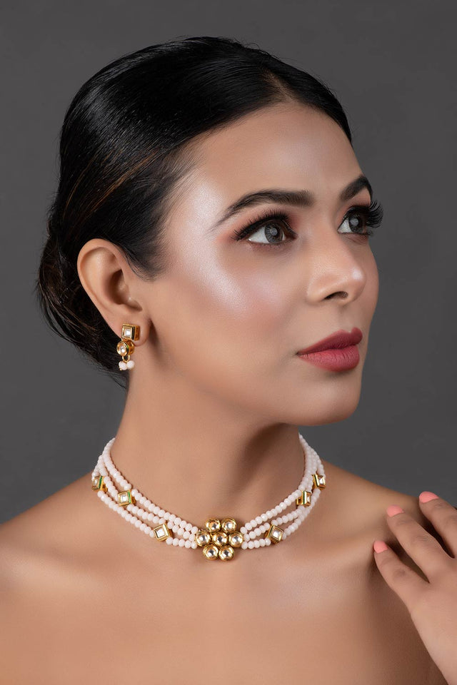 White Gold Tone Kundan Onyx Choker Necklace With Earrings