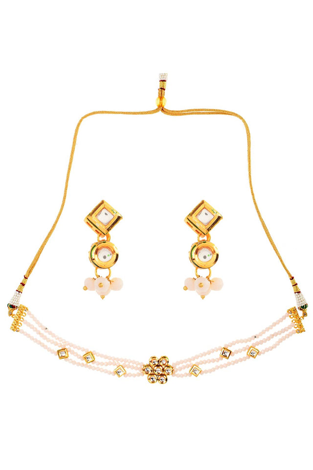 White Gold Tone Kundan Onyx Choker Necklace With Earrings
