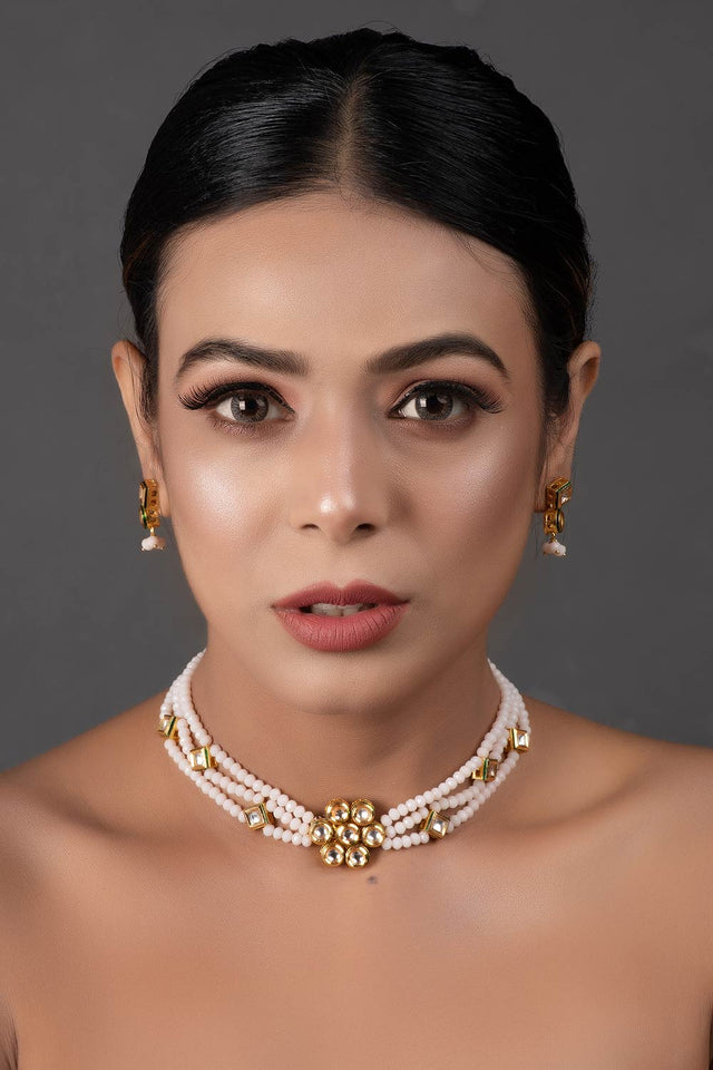 White Gold Tone Kundan Onyx Choker Necklace With Earrings