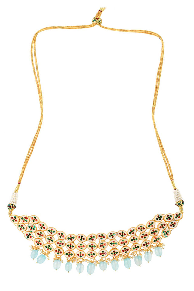Blue Gold Tone Kundan Beaded Choker Necklace With Earrings (FEMCHS005)