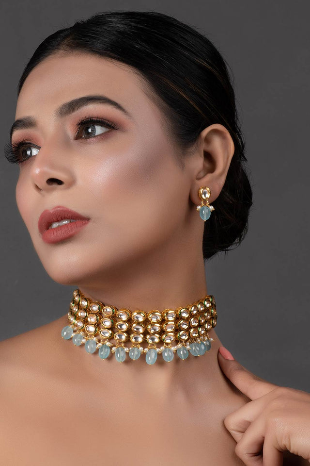 Blue Gold Tone Kundan Beaded Choker Necklace With Earrings (FEMCHS005)