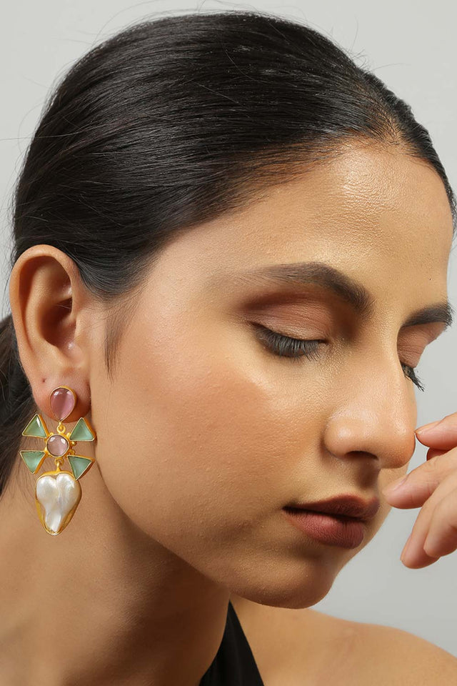 Pink Green Mona Lisa Stone And Baroque Pearl Earrings (FEMCJ006)