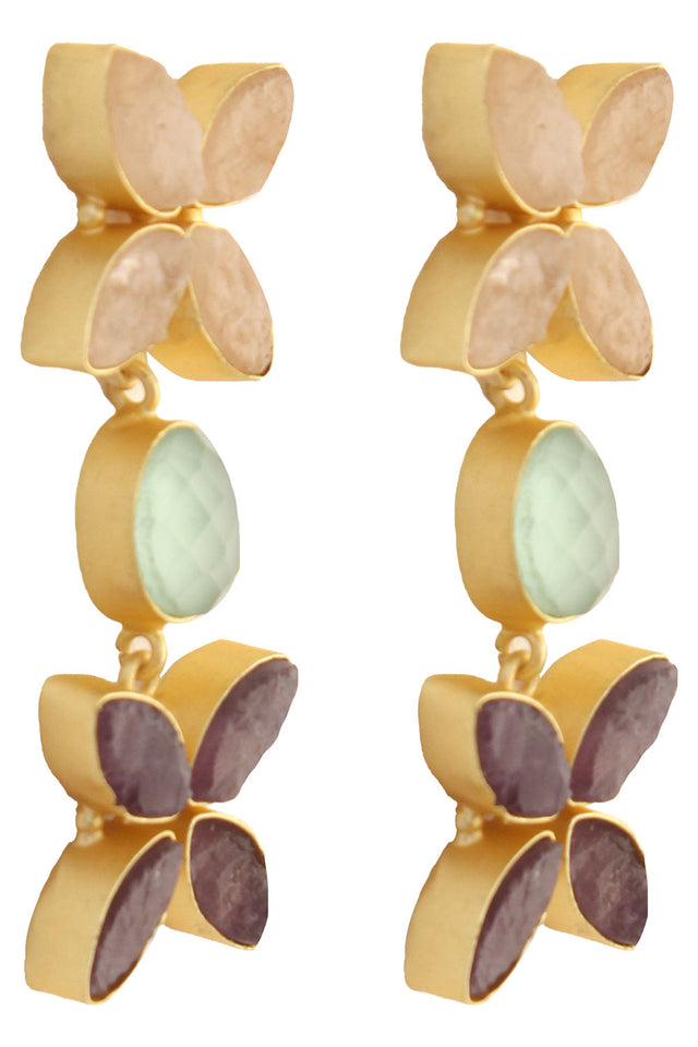 Semiprecious Rose Quartz, Aqua Chalcedony And Amethyst Earrings (FEMCJ007)