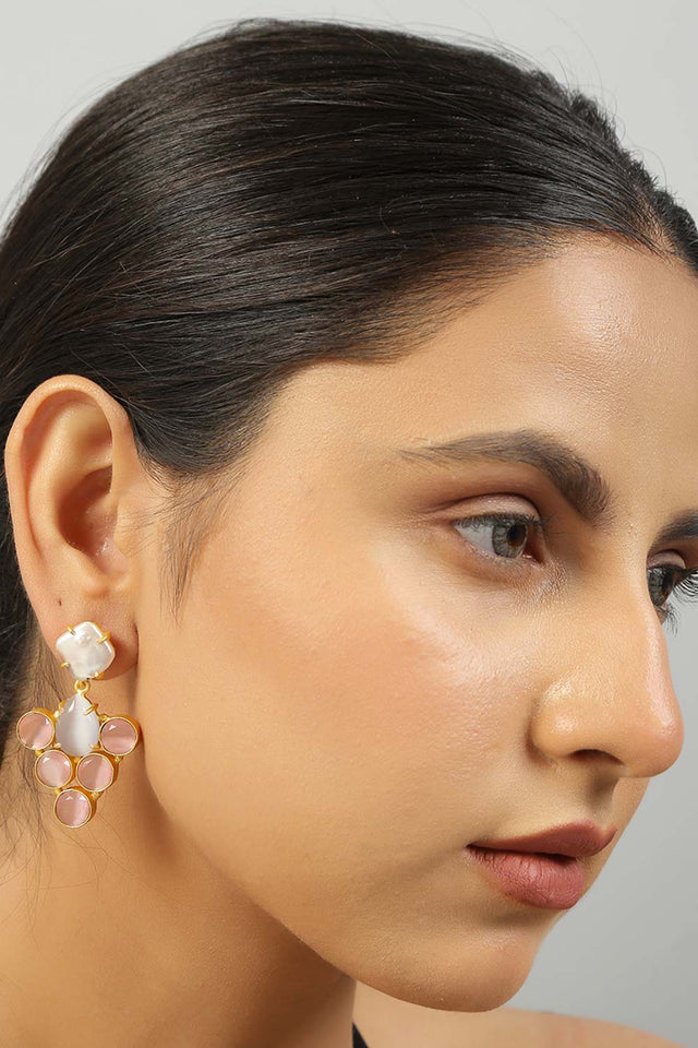 Grey Pink Mona Lisa Stone And Fresh Water Pearl Earrings (FEMCJ009)