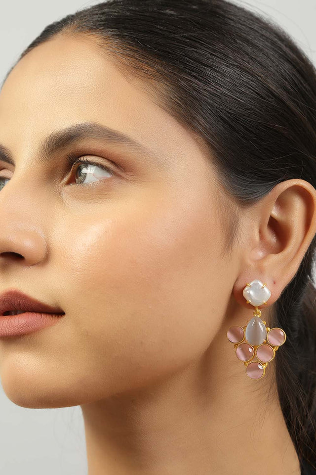 Grey Pink Mona Lisa Stone And Fresh Water Pearl Earrings (FEMCJ009)