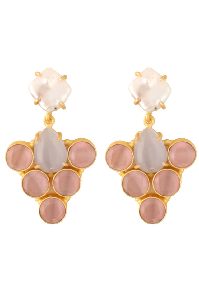 Grey Pink Mona Lisa Stone And Fresh Water Pearl Earrings (FEMCJ009)