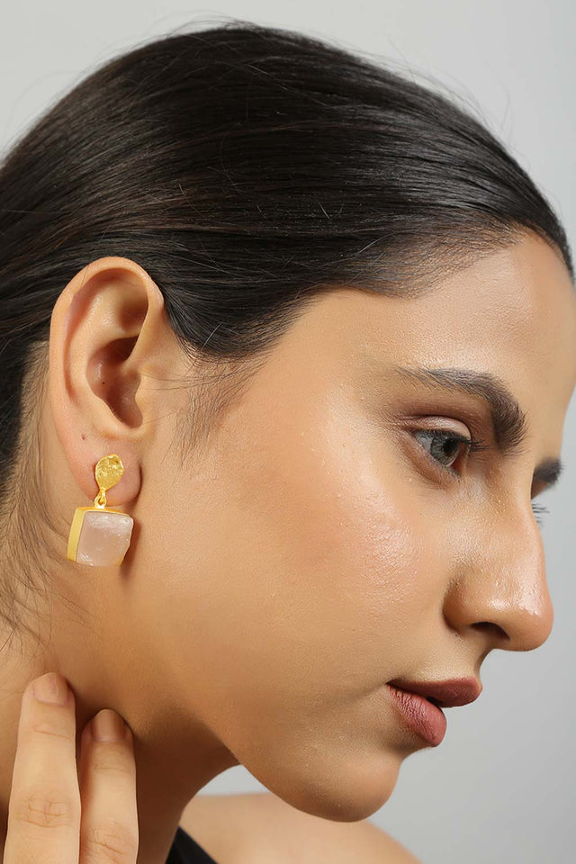 Rose Quartz Gold Plated Earrings (FEMCJ017)