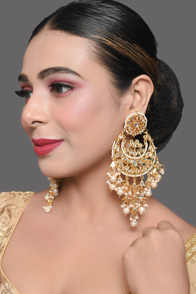 Gold Toned Kundan Chandbali With Pearl