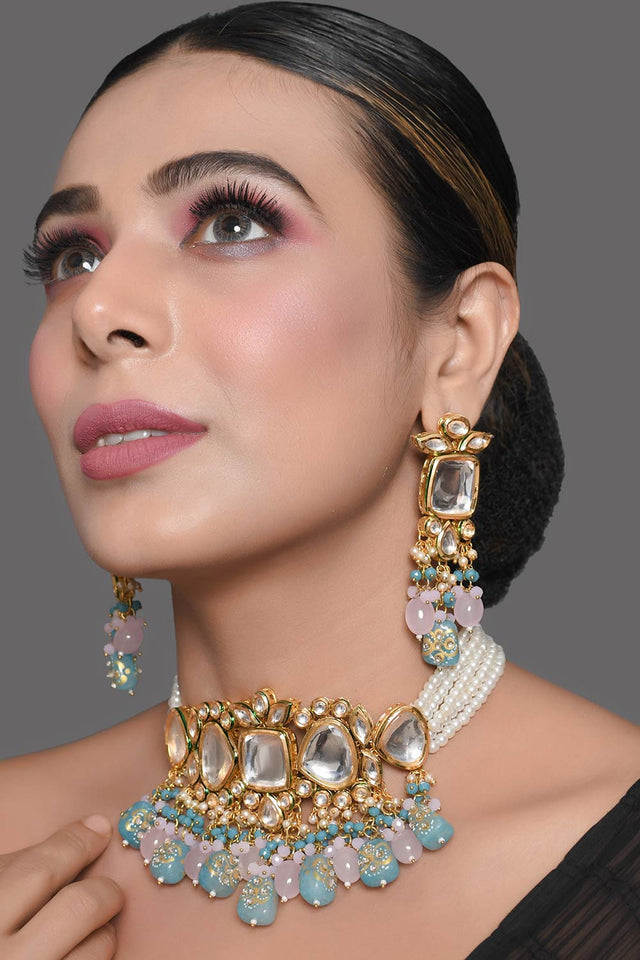 Blue And Pink Tanjore Beaded Kundan Necklace With Earrings (FEMDW006)